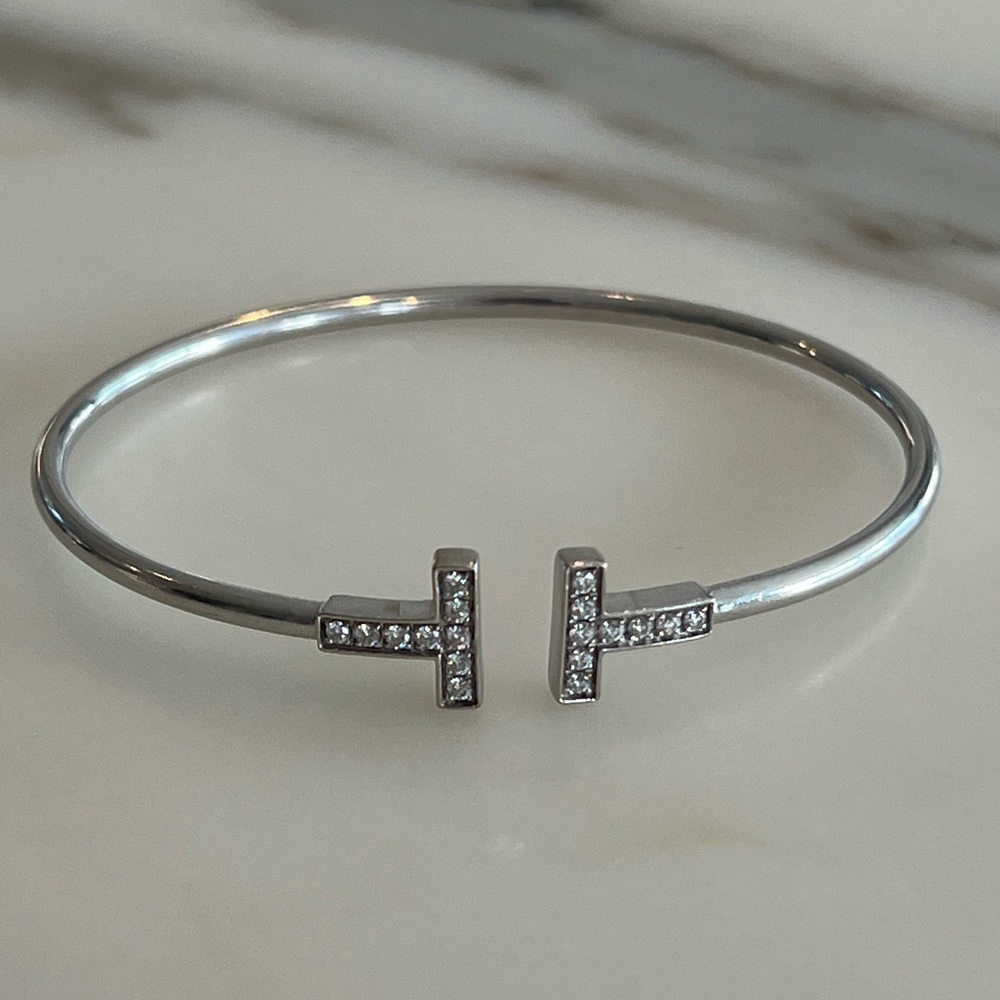 Tiffany 18K white gold diamond T wire bracelet